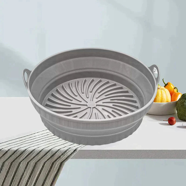 "Färgglad hopfällbar silikon air fryer grillpanna för kök, kvadratisk form, främjar hälsosam och enkel matlagning."