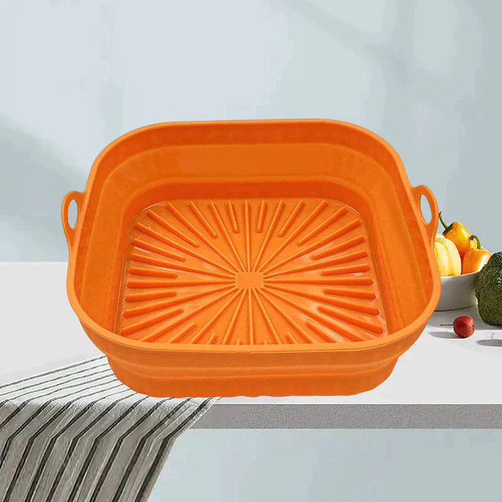 "Färgglad hopfällbar silikon air fryer grillpanna för kök, kvadratisk form, främjar hälsosam och enkel matlagning."