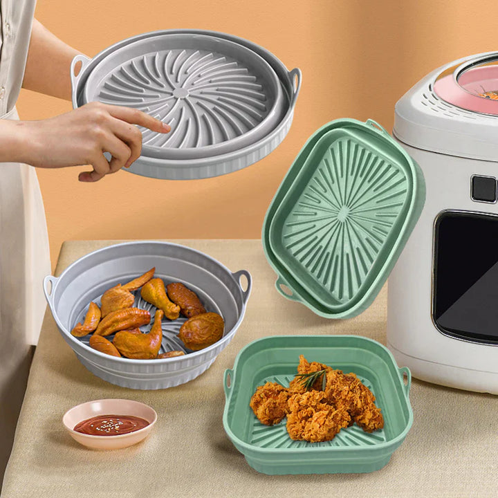 "Färgglad hopfällbar silikon air fryer grillpanna för kök, kvadratisk form, främjar hälsosam och enkel matlagning."