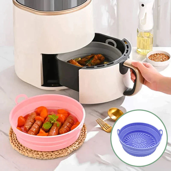 "Färgglad hopfällbar silikon air fryer grillpanna för kök, kvadratisk form, främjar hälsosam och enkel matlagning."