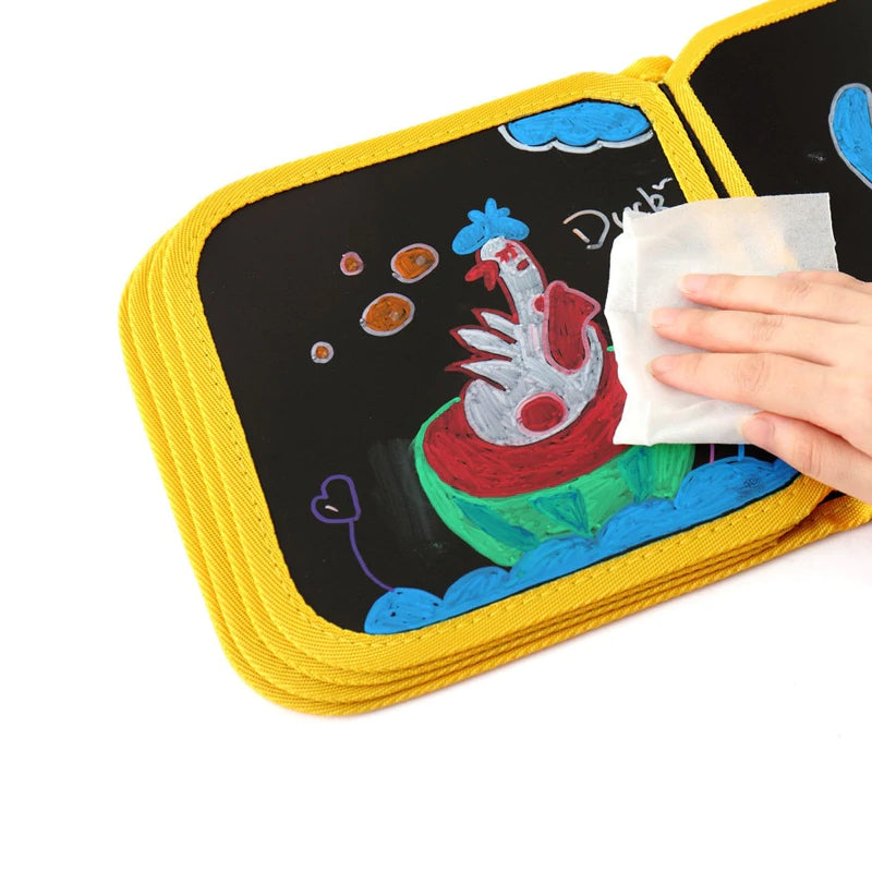 "Färgglad magisk ritbok för barn, med 12 tvättbara kritor, uppmuntrar kreativitet och är bärbar för resor."