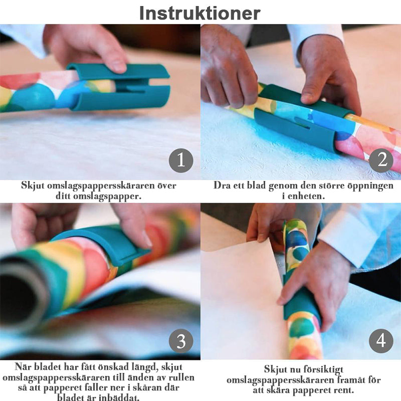 "Färgglad och ergonomisk omslagspappersskärare med säkerhetsblad för jämna klipp vid julklappsinslagning."