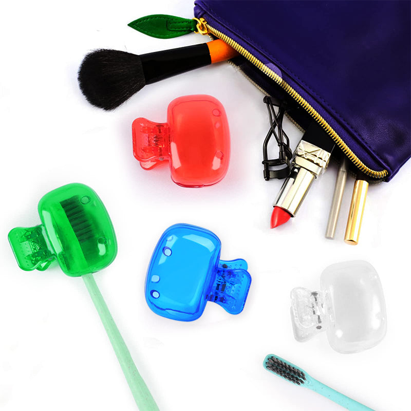 "Färgglad plasttandborstskyddshylsa, set med fem olika färger: transparent, blå, röd, grön, rosa. Idealisk för resor."