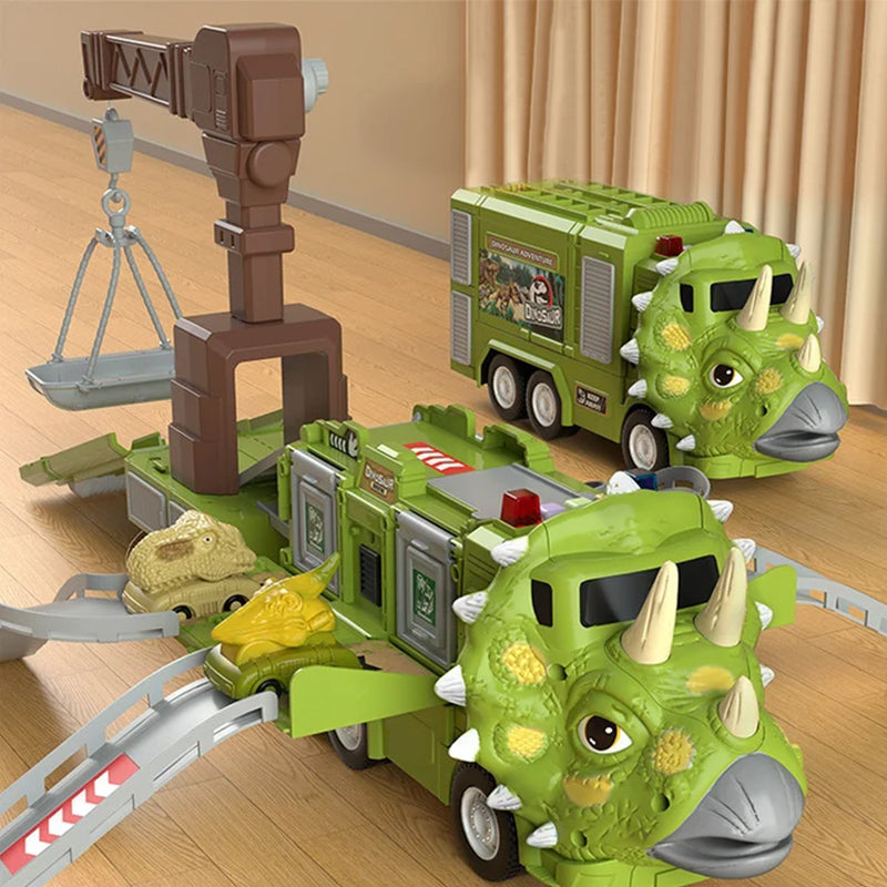 "Färgglad transformerande dinosaurielastbil med ljus och musik, perfekt för barns kreativa och pedagogiska lek."
