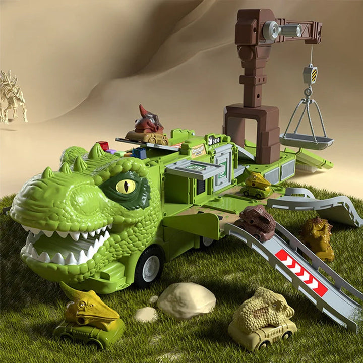 "Färgglad transformerande dinosaurielastbil med ljus och musik, perfekt för barns kreativa och pedagogiska lek."