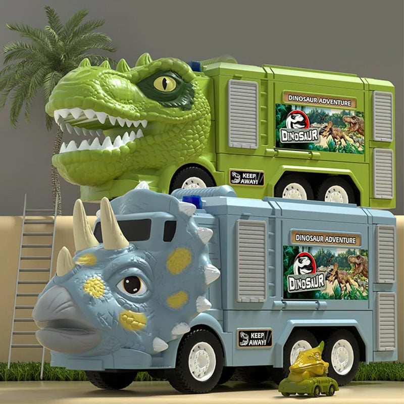 "Färgglad transformerande dinosaurielastbil med ljus och musik, perfekt för barns kreativa och pedagogiska lek."