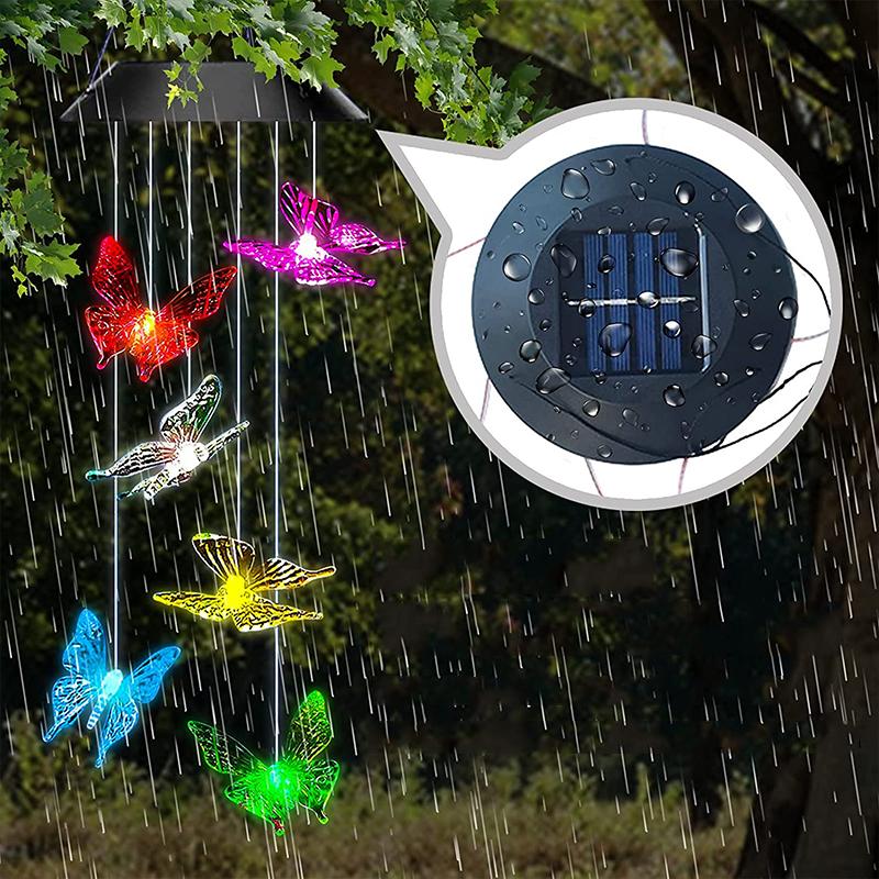 "Färgglada fjärilssolcellsdrivna vindklockor, LED-belysning, utomhusdekor med vattenresistent design."
