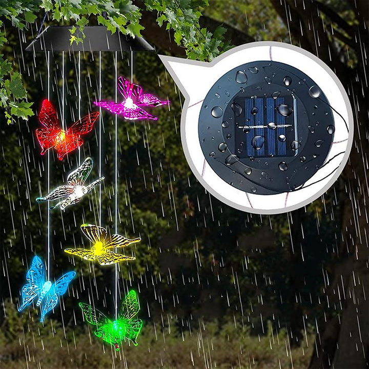 "Färgglada fjärilssolcellsdrivna vindklockor, LED-belysning, utomhusdekor med vattenresistent design."