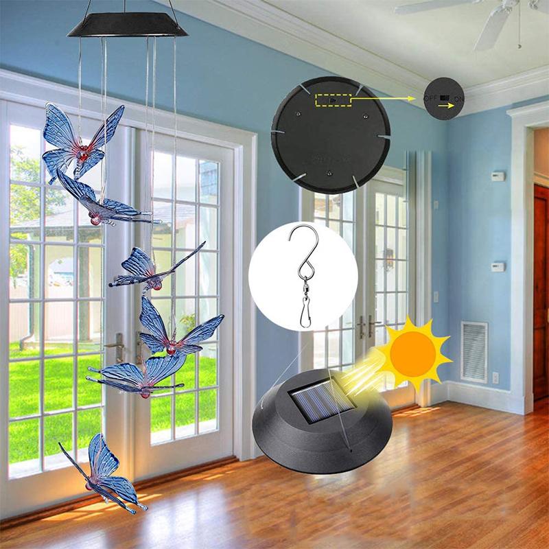 "Färgglada fjärilssolcellsdrivna vindklockor, LED-belysning, utomhusdekor med vattenresistent design."