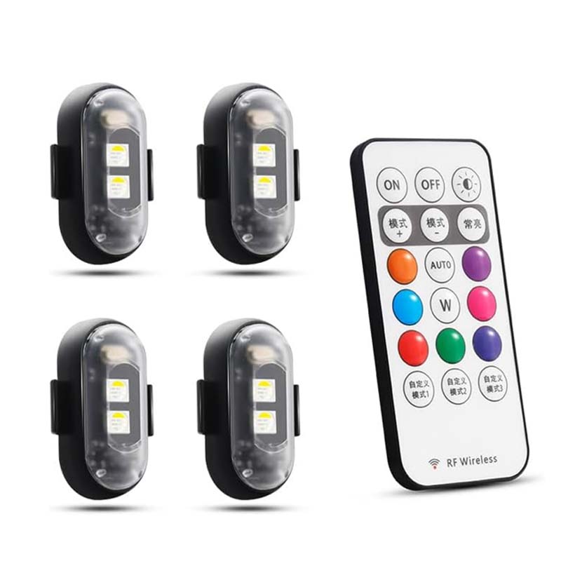 "Färgglada LED-lampor för bil, stroboskopljus, antikollisionsskydd, fjärrkontroll, dynamiska effekter, 12V ABS-material."