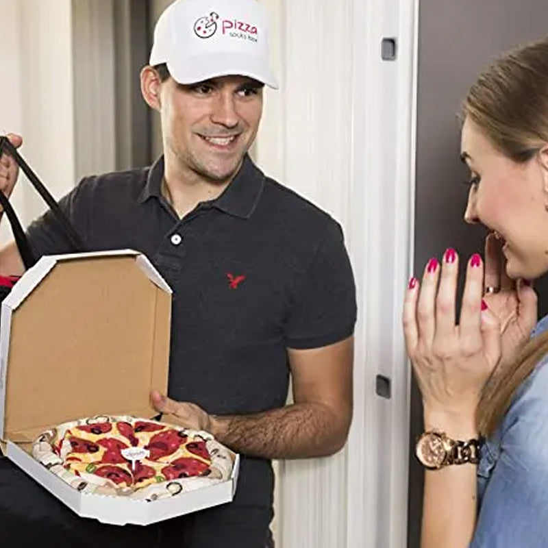 "Färgglada pizza-strumpor, 4-pack, i kreativ pizzakartong för vuxna. Accessoar för lekfull stil och personlig uttryck."