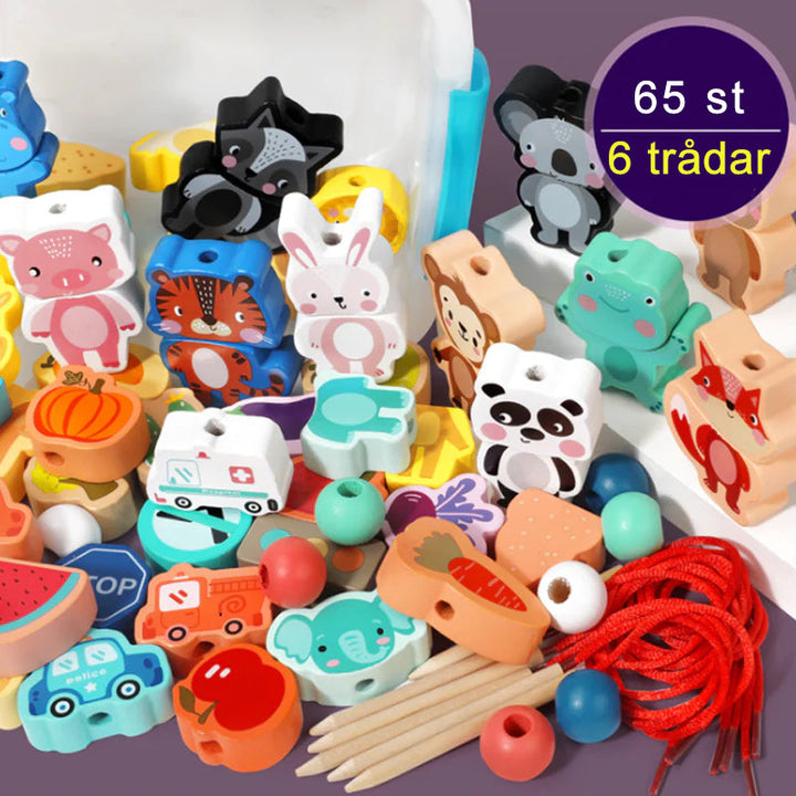 "Färgglada träpärlor för barn, olika former och färger, främjar lärande och kreativ lek, pedagogiskt leksaksset."
