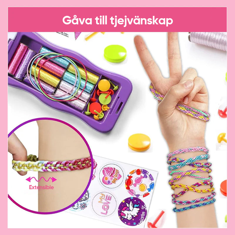 "Färgglatt DIY handflätset för barn med rep och tillbehör, främjar kreativitet och handfärdigheter med säkra material."
