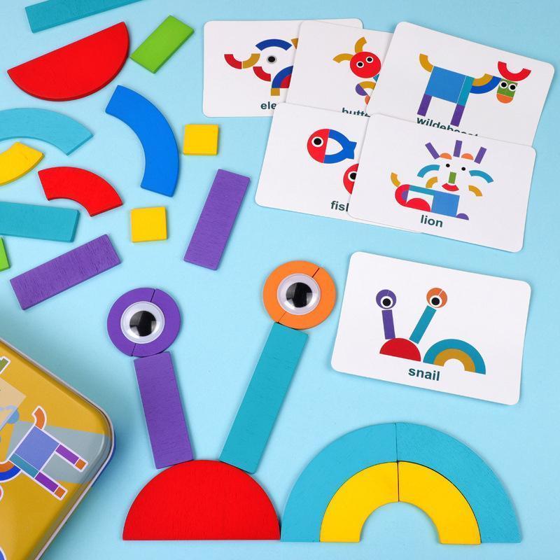Färgglatt pedagogiskt formpussel med träblock för barn och vuxna, främjar kreativitet och finmotorik.