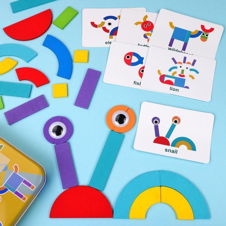 Färgglatt pedagogiskt formpussel med träblock för barn och vuxna, främjar kreativitet och finmotorik.
