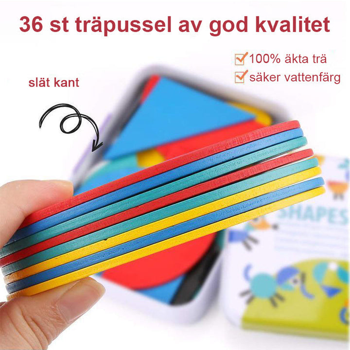 Färgglatt pedagogiskt formpussel med träblock för barn och vuxna, främjar kreativitet och finmotorik.