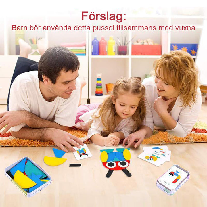 Färgglatt pedagogiskt formpussel med träblock för barn och vuxna, främjar kreativitet och finmotorik.