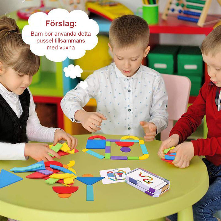 Färgglatt pedagogiskt formpussel med träblock för barn och vuxna, främjar kreativitet och finmotorik.