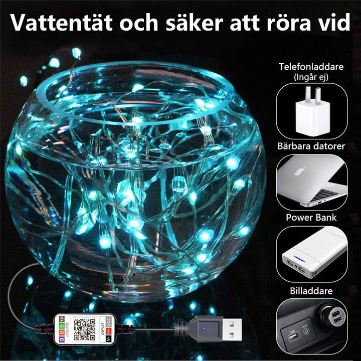 "Färggranna LED strånglampor utomhus, appstyrda, levande ljusdisplayer för jul och fest, atmosfärskapande trädgårdslampor."