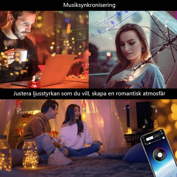"Färggranna LED strånglampor utomhus, appstyrda, levande ljusdisplayer för jul och fest, atmosfärskapande trädgårdslampor."