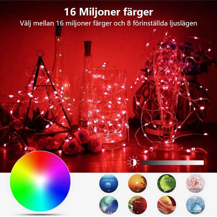 "Färggranna LED strånglampor utomhus, appstyrda, levande ljusdisplayer för jul och fest, atmosfärskapande trädgårdslampor."