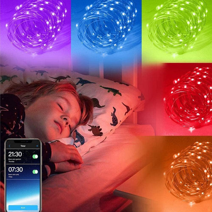 "Färggranna LED strånglampor utomhus, appstyrda, levande ljusdisplayer för jul och fest, atmosfärskapande trädgårdslampor."
