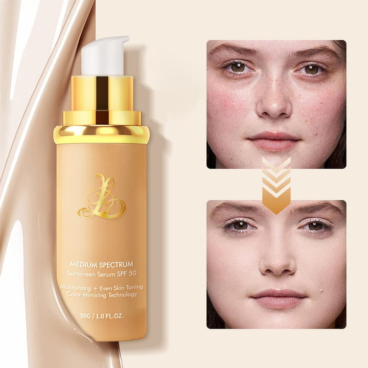 "Färgskiftande flytande foundation, elegant flaska, för alla hudtoner. Ger naturlig finish, långvarig täckning."