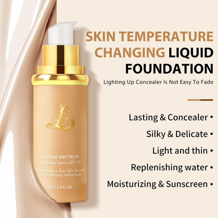 "Färgskiftande flytande foundation, elegant flaska, för alla hudtoner. Ger naturlig finish, långvarig täckning."