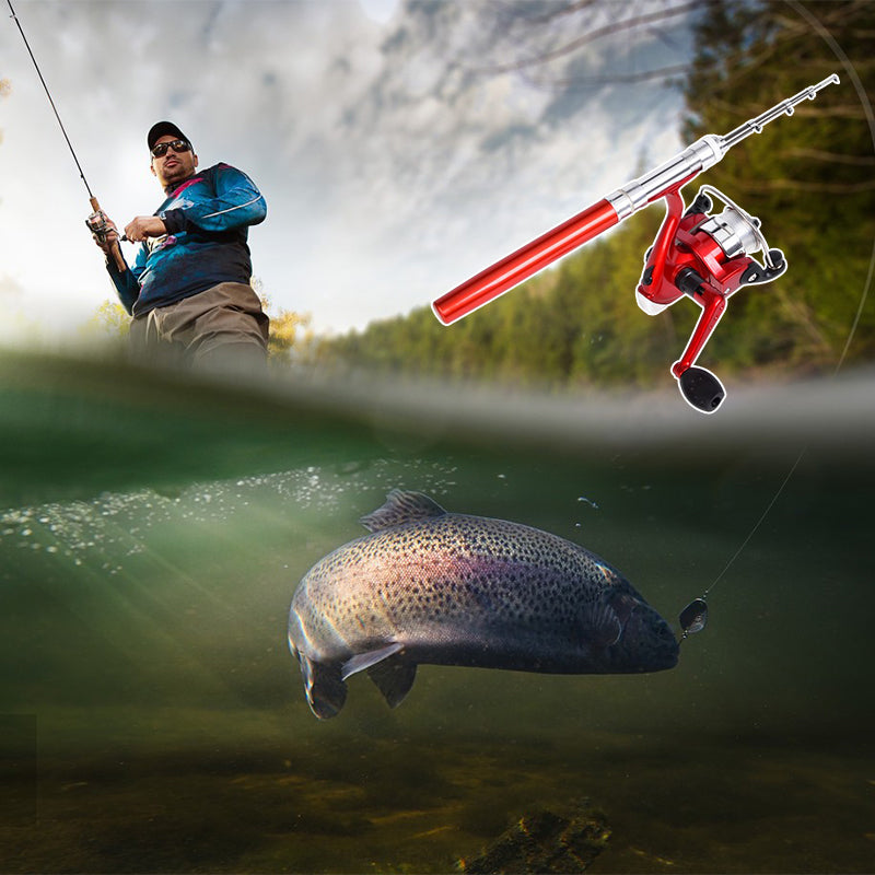 "Fickformat fiskespö för sport och utomhus, kompakt design, bärbart, korrosionsbeständigt med justerbara handtag."