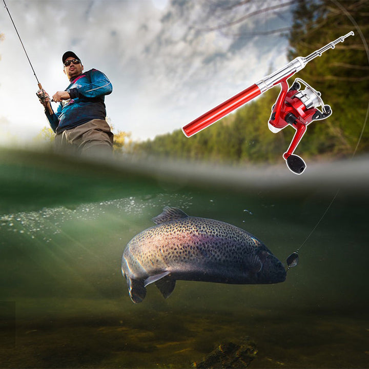 "Fickformat fiskespö för sport och utomhus, kompakt design, bärbart, korrosionsbeständigt med justerbara handtag."