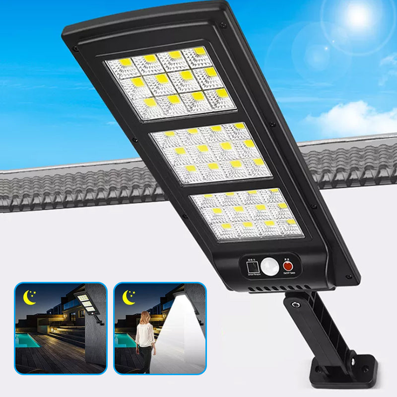 "Fjärrstyrd solcellsdriven gatulampa med 144 LED, rörelsesensor, IP65 vattentät för utomhusbruk, säker och hållbar belysning.