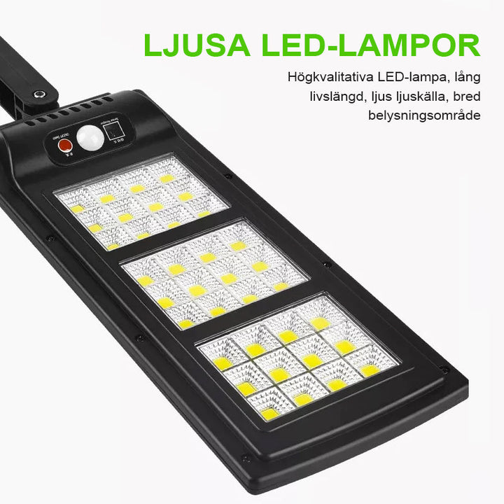 "Fjärrstyrd solcellsdriven gatulampa med 144 LED, rörelsesensor, IP65 vattentät för utomhusbruk, säker och hållbar belysning.