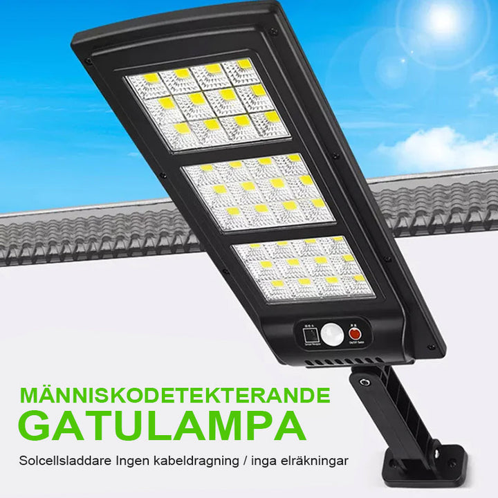 "Fjärrstyrd solcellsdriven gatulampa med 144 LED, rörelsesensor, IP65 vattentät för utomhusbruk, säker och hållbar belysning.
