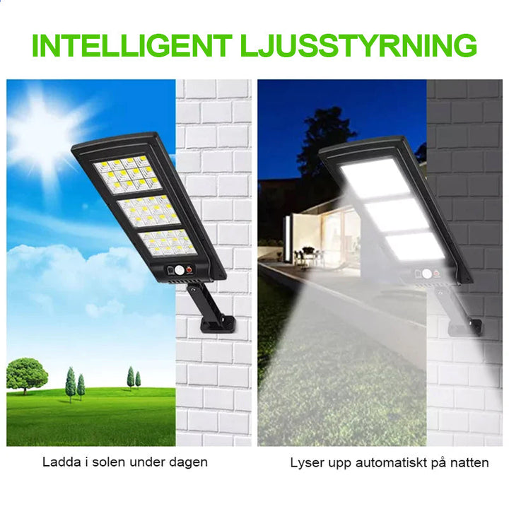 "Fjärrstyrd solcellsdriven gatulampa med 144 LED, rörelsesensor, IP65 vattentät för utomhusbruk, säker och hållbar belysning.