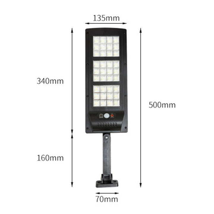 "Fjärrstyrd solcellsdriven gatulampa med 144 LED, rörelsesensor, IP65 vattentät för utomhusbruk, säker och hållbar belysning.