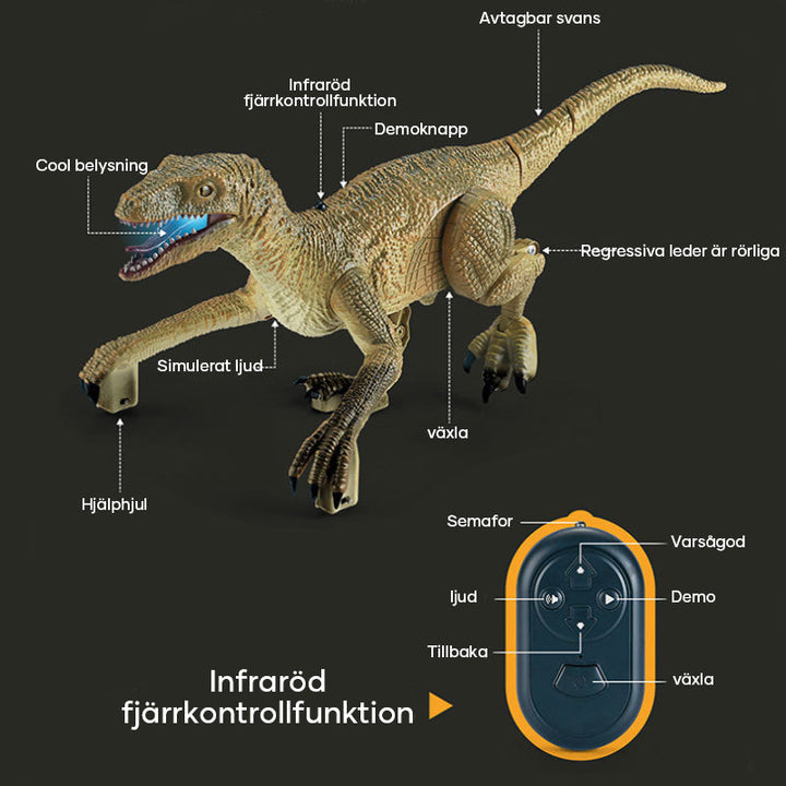 Fjärrstyrd velociraptor leksak för barn. Realistisk design med 3D-ögon, skal och tänder. Perfekt för fantasifulla äventyr.