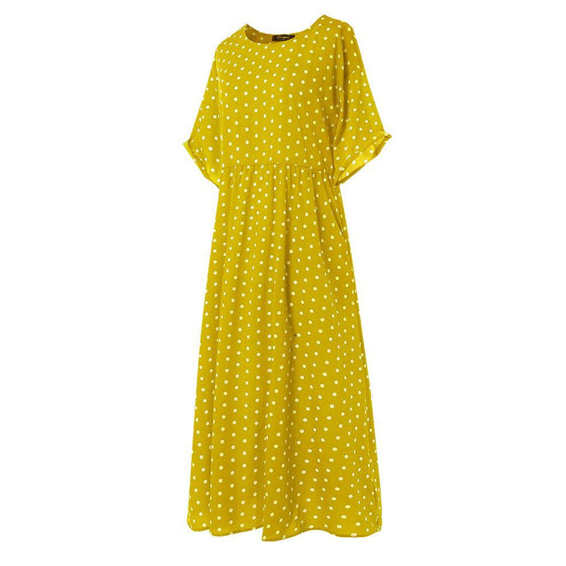 Flerfärgad prickig klänning för damer med rund hals, maxi-längd, i bomull. Perfekt för vår och sommar.