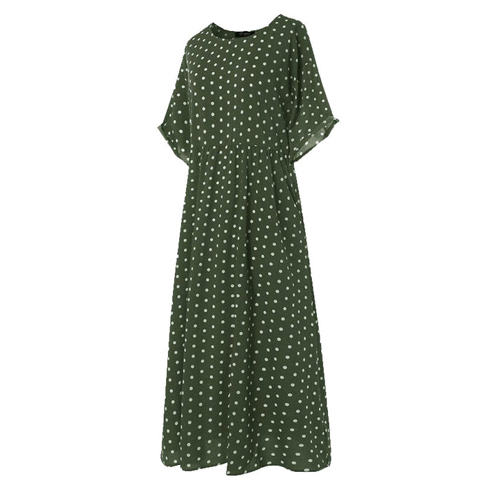 Flerfärgad prickig klänning för damer med rund hals, maxi-längd, i bomull. Perfekt för vår och sommar.