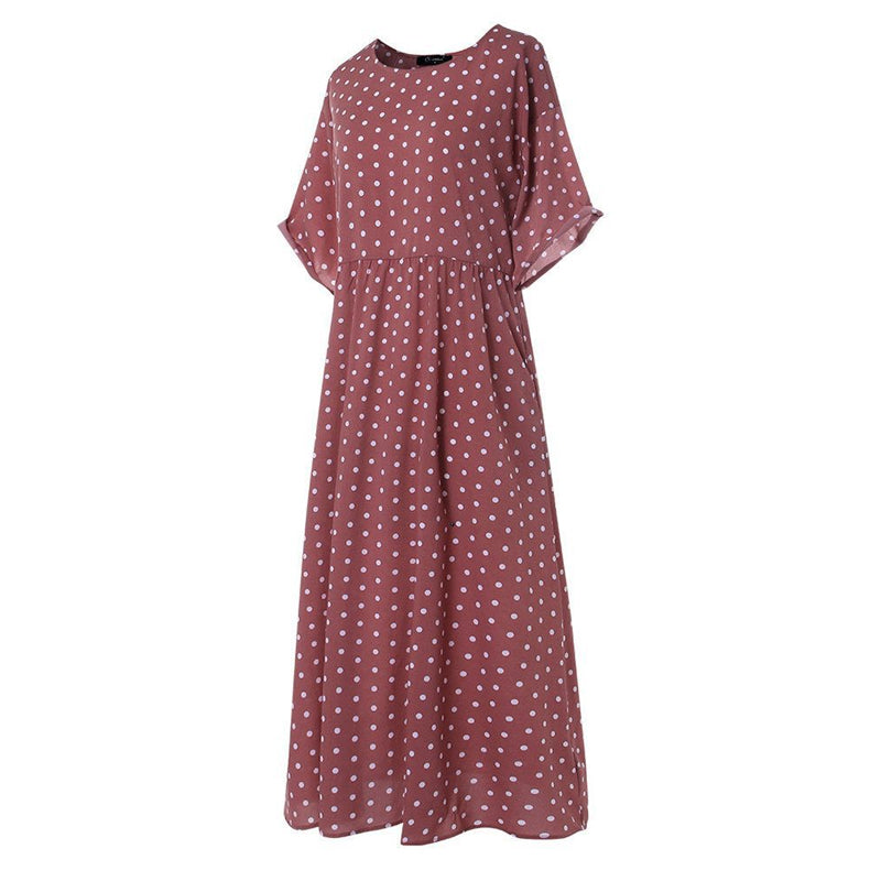 Flerfärgad prickig klänning för damer med rund hals, maxi-längd, i bomull. Perfekt för vår och sommar.