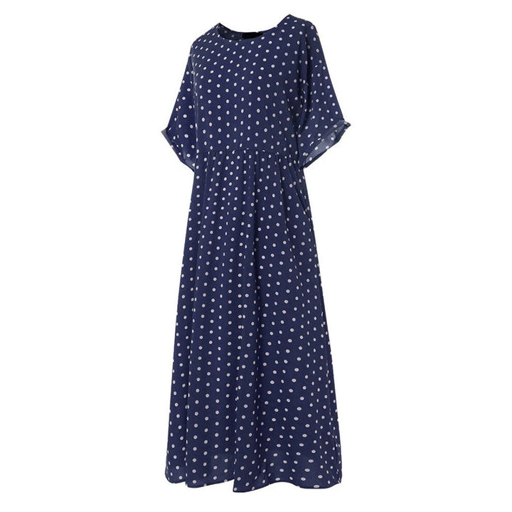 Flerfärgad prickig klänning för damer med rund hals, maxi-längd, i bomull. Perfekt för vår och sommar.