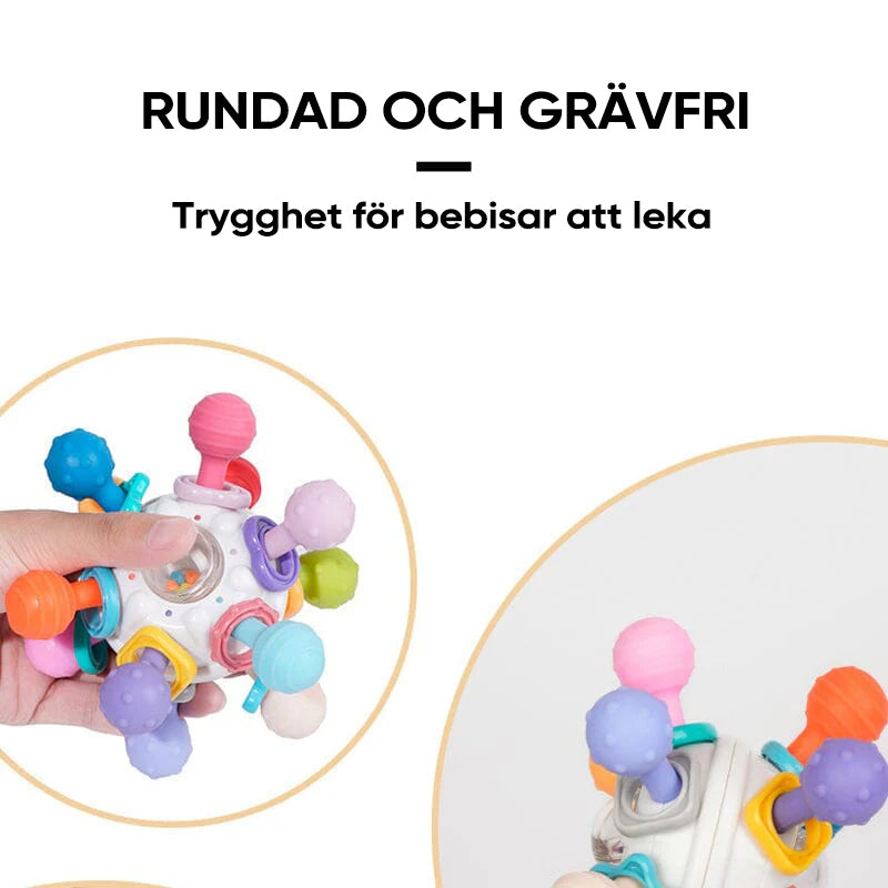 Flerfärgade babyleksaker med tandvänlig design, atomform och texturerade tuggpunkter för sensorisk stimulans.