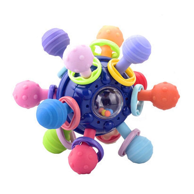 Flerfärgade babyleksaker med tandvänlig design, atomform och texturerade tuggpunkter för sensorisk stimulans.