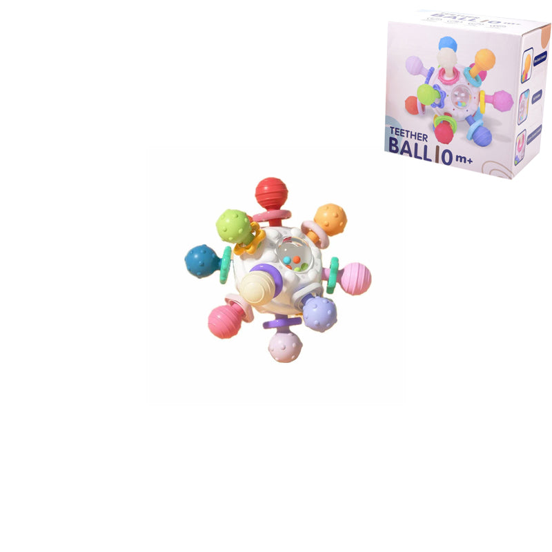 Flerfärgade babyleksaker med tandvänlig design, atomform och texturerade tuggpunkter för sensorisk stimulans.