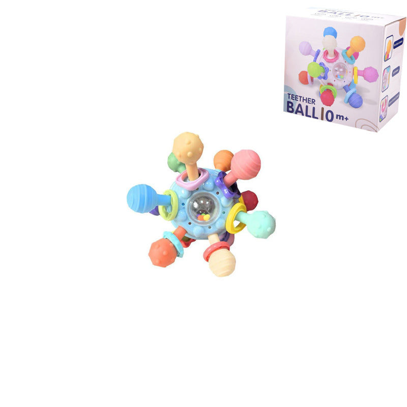 Flerfärgade babyleksaker med tandvänlig design, atomform och texturerade tuggpunkter för sensorisk stimulans.