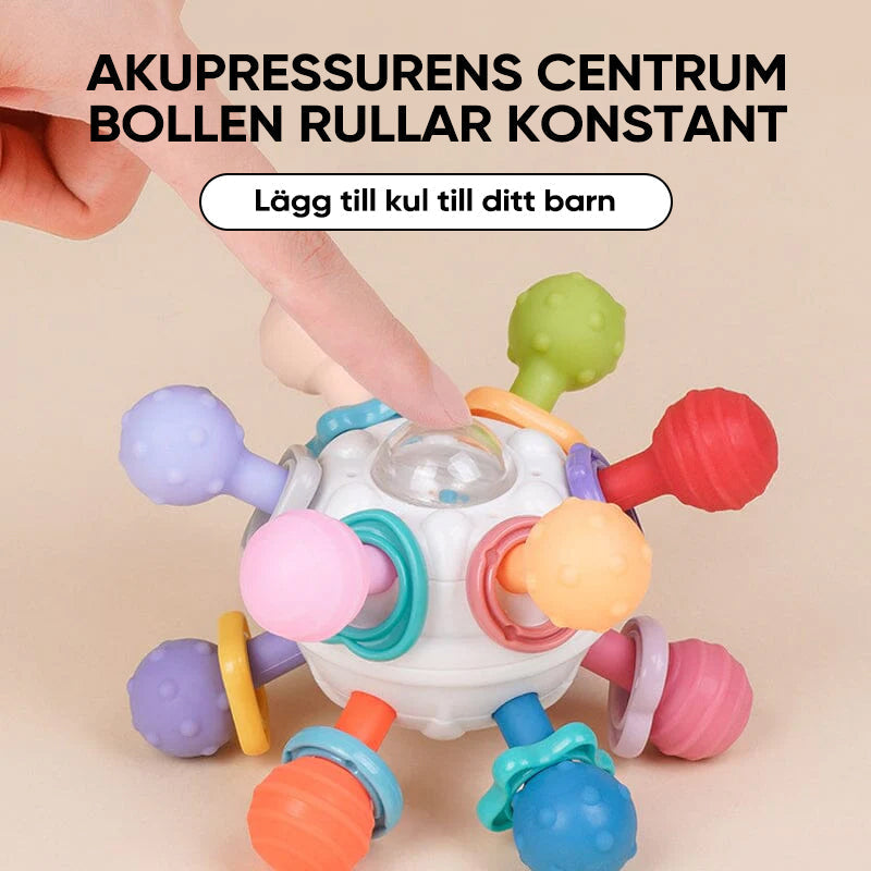 Flerfärgade babyleksaker med tandvänlig design, atomform och texturerade tuggpunkter för sensorisk stimulans.
