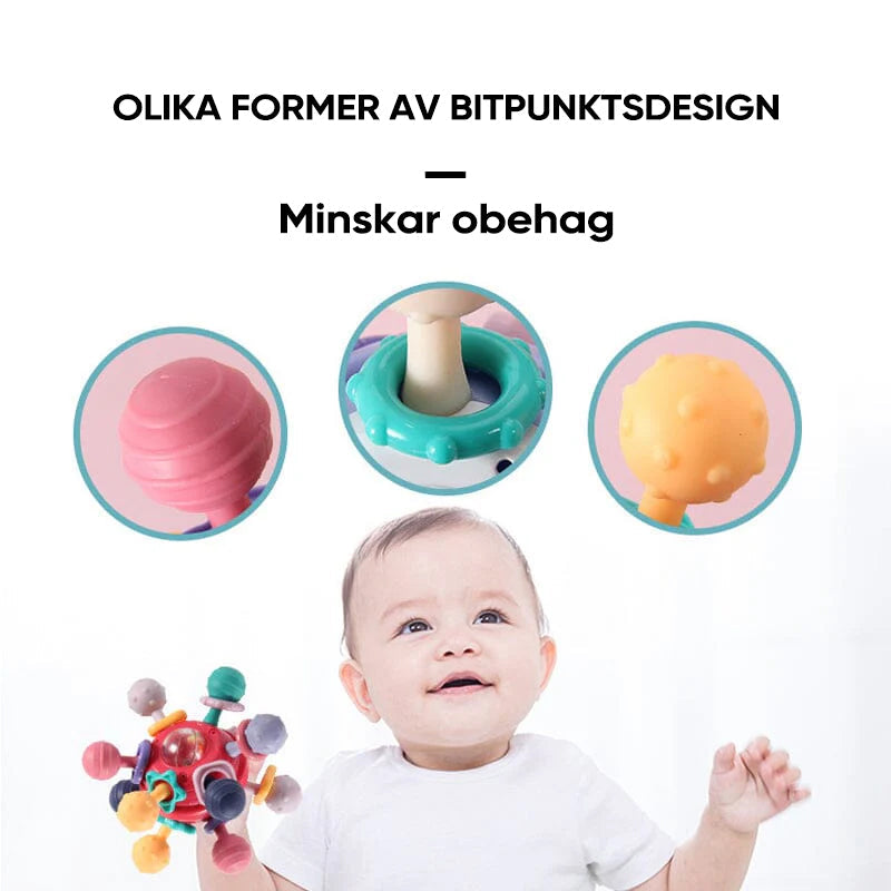 Flerfärgade babyleksaker med tandvänlig design, atomform och texturerade tuggpunkter för sensorisk stimulans.