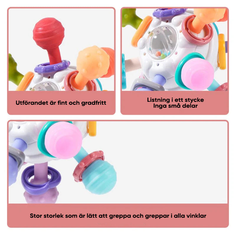 Flerfärgade babyleksaker med tandvänlig design, atomform och texturerade tuggpunkter för sensorisk stimulans.
