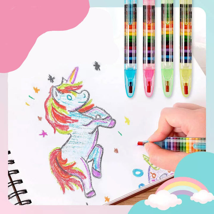 "Flerfärgade kritor 20-i-1, staplade för kreativt bruk, för barn. Perfekt för teckning, skrivning, och konst."