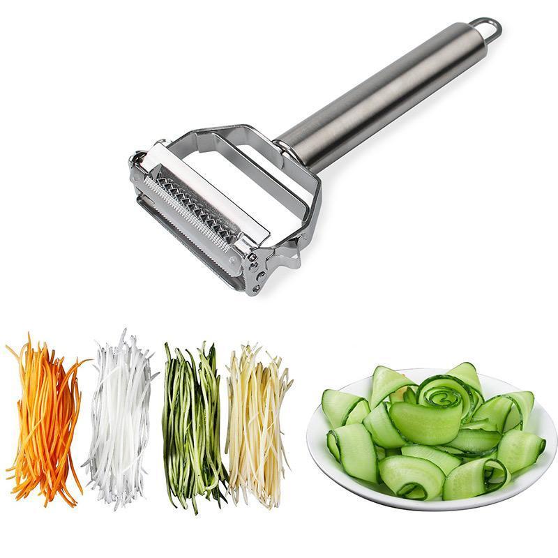 "Flerfunktions grönsaksskalare i rostfritt stål, silver, med bekvämt handtag och elegant design, perfekt för köket."