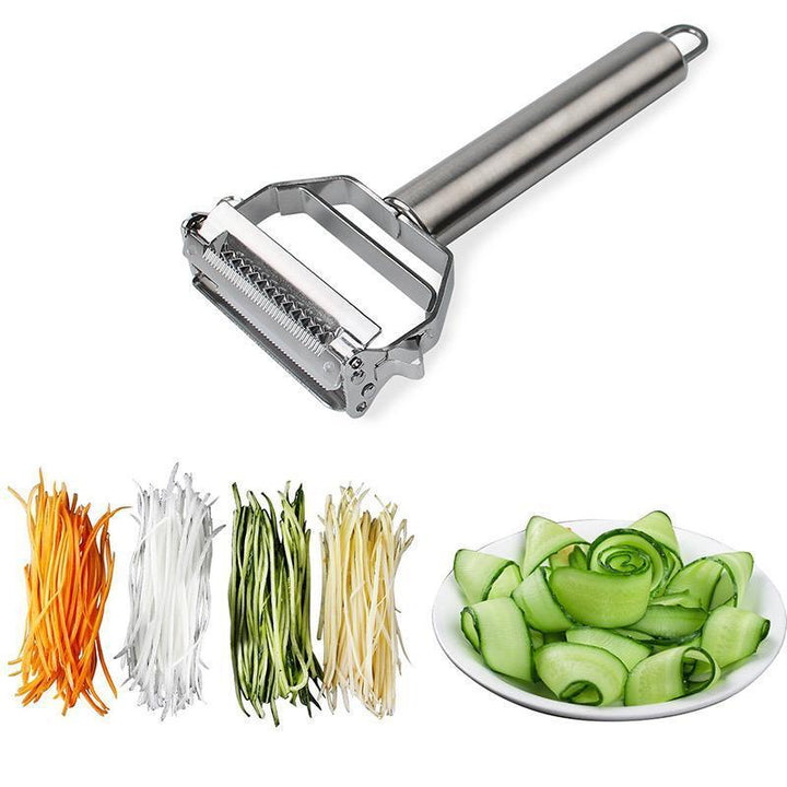 "Flerfunktions grönsaksskalare i rostfritt stål, silver, med bekvämt handtag och elegant design, perfekt för köket."